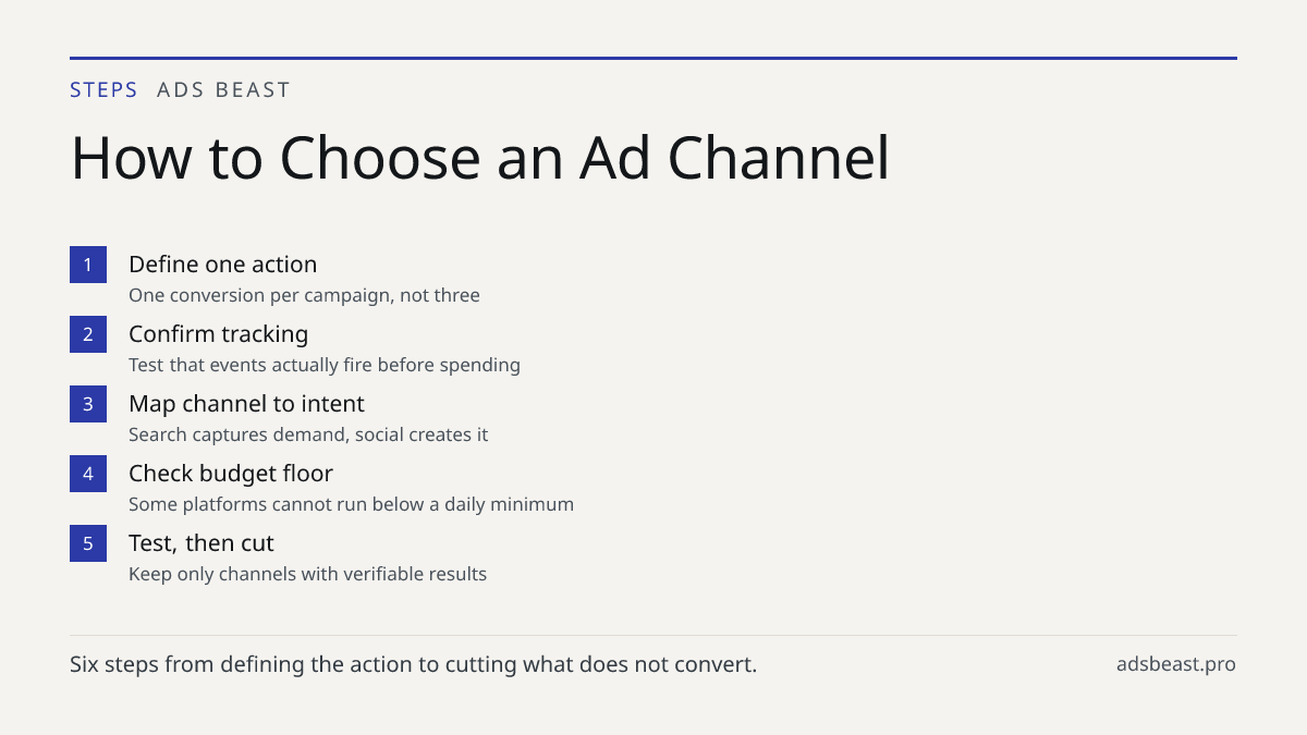 How to Choose an Ad Channel. Define one action: One conversion per campaign, not three; Confirm tracking: Test that events actually fire before spending; Map channel to intent: Search captures demand, social creates it; Check budget floor: Some platforms cannot run below a daily minimum; Test, then 