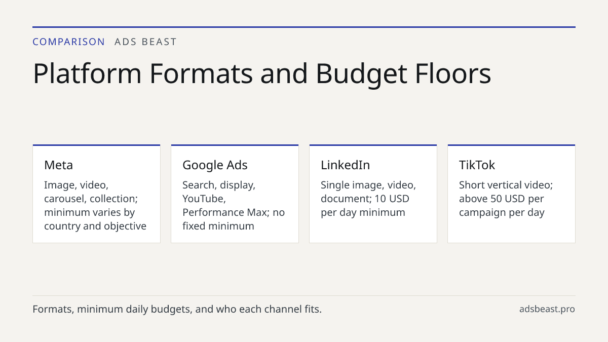 Platform Formats and Budget Floors. Meta: Image, video, carousel, collection; minimum varies by country and objective; Google Ads: Search, display, YouTube, Performance Max; no fixed minimum; LinkedIn: Single image, video, document; 10 USD per day minimum; TikTok: Short vertical video; above 50 USD 