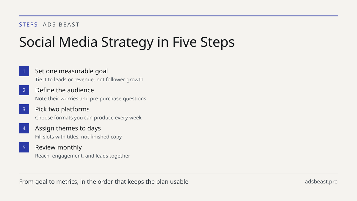 Social Media Strategy in Five Steps. Set one measurable goal: Tie it to leads or revenue, not follower growth; Define the audience: Note their worries and pre-purchase questions; Pick two platforms: Choose formats you can produce every week; Assign themes to days: Fill slots with titles, not finishe