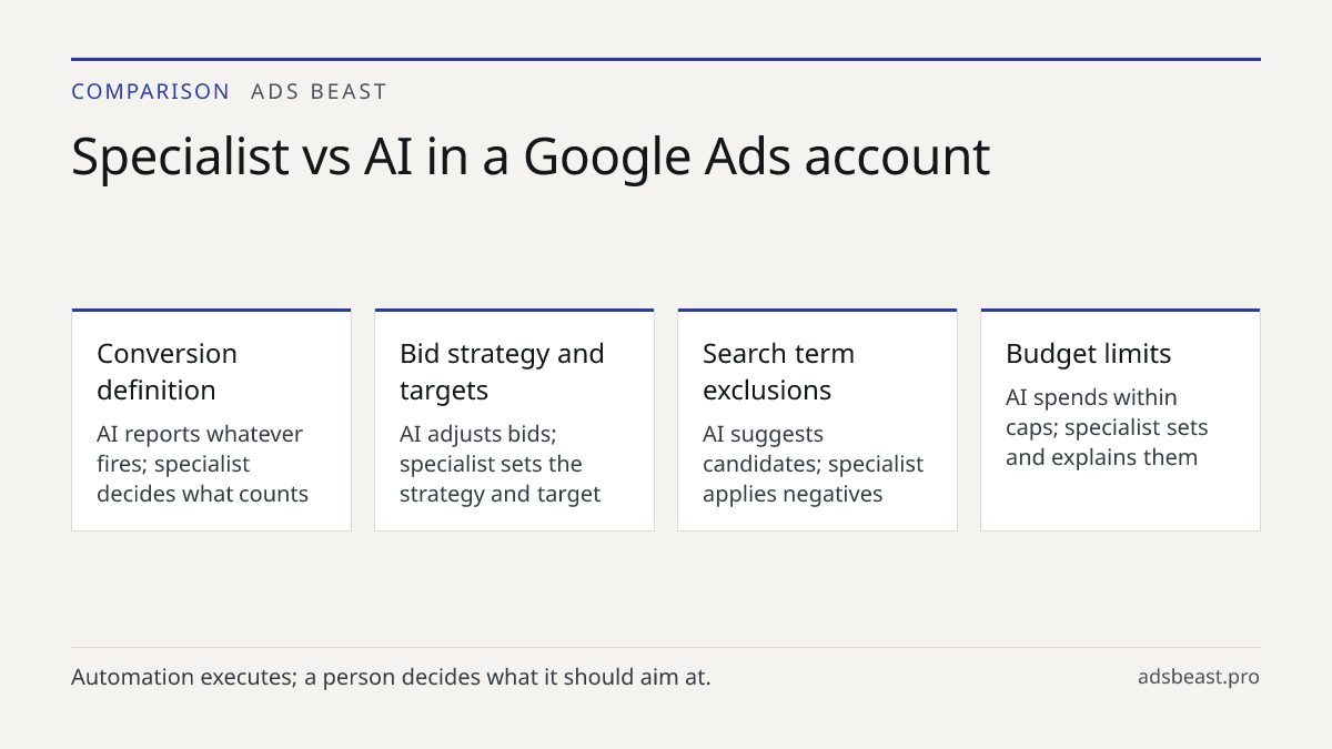 Specialist vs AI in a Google Ads account. Conversion definition: AI reports whatever fires; specialist decides what counts; Bid strategy and targets: AI adjusts bids; specialist sets the strategy and target; Search term exclusions: AI suggests candidates; specialist applies negatives; Budget limits: