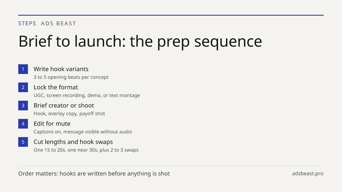 Brief to launch: the prep sequence. Write hook variants: 3 to 5 opening beats per concept; Lock the format: UGC, screen recording, demo, or text montage; Brief creator or shoot: Hook, overlay copy, payoff shot; Edit for mute: Captions on, message visible without audio; Cut lengths and hook swaps: On