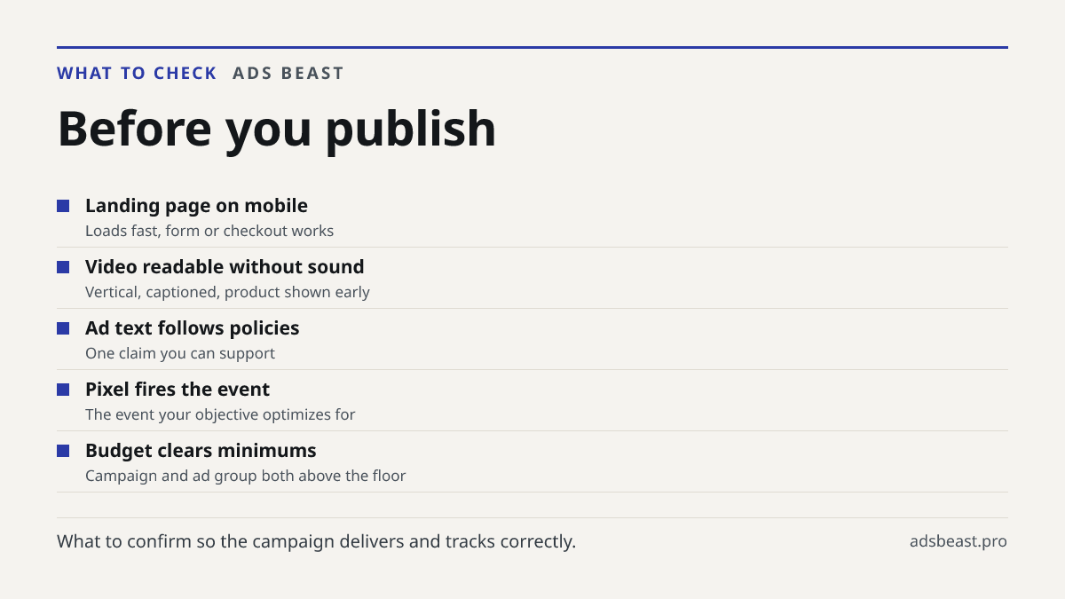 Before you publish. Landing page on mobile: Loads fast, form or checkout works; Video readable without sound: Vertical, captioned, product shown early; Ad text follows policies: One claim you can support; Pixel fires the event: The event your objective optimizes for; Budget clears minimums: Campaign