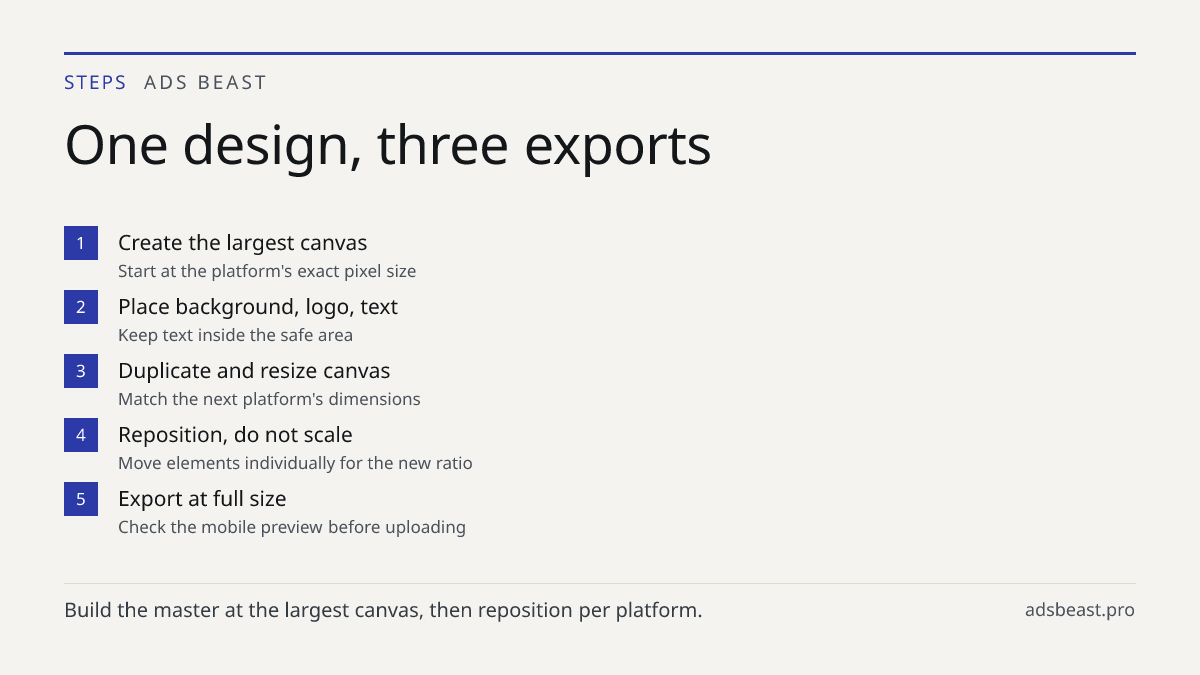 One design, three exports. Create the largest canvas: Start at the platform's exact pixel size; Place background, logo, text: Keep text inside the safe area; Duplicate and resize canvas: Match the next platform's dimensions; Reposition, do not scale: Move elements individually for the new ratio; Exp