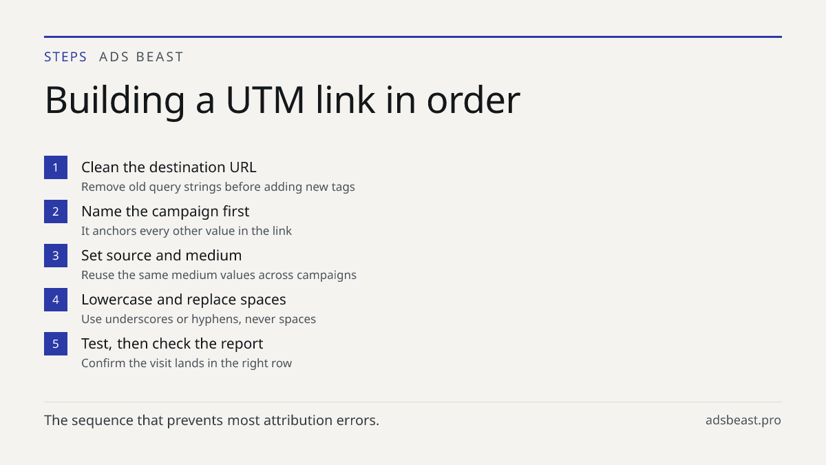 Building a UTM link in order. Clean the destination URL: Remove old query strings before adding new tags; Name the campaign first: It anchors every other value in the link; Set source and medium: Reuse the same medium values across campaigns; Lowercase and replace spaces: Use underscores or hyphens,