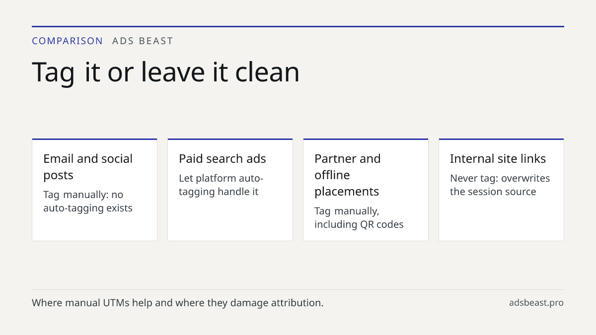 Tag it or leave it clean. Email and social posts: Tag manually: no auto-tagging exists; Paid search ads: Let platform auto-tagging handle it; Partner and offline placements: Tag manually, including QR codes; Internal site links: Never tag: overwrites the session source
