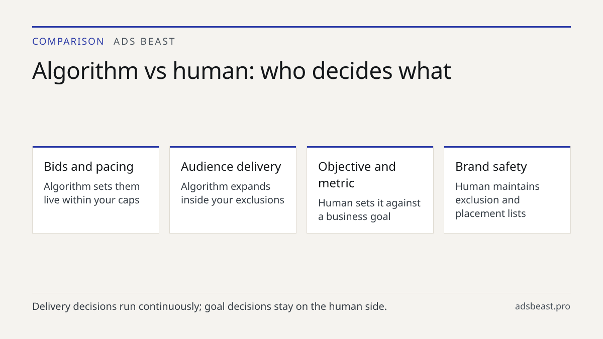 Algorithm vs human: who decides what. Bids and pacing: Algorithm sets them live within your caps; Audience delivery: Algorithm expands inside your exclusions; Objective and metric: Human sets it against a business goal; Brand safety: Human maintains exclusion and placement lists; Pause or scale: Hum