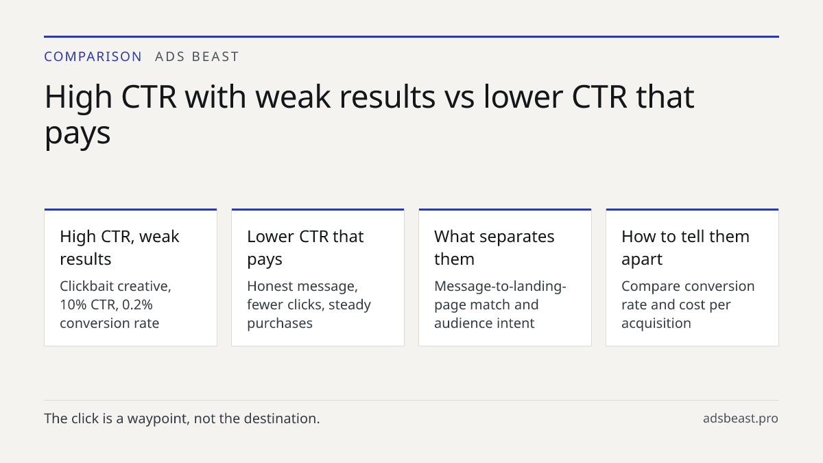 High CTR with weak results vs lower CTR that pays. High CTR, weak results: Clickbait creative, 10% CTR, 0.2% conversion rate; Lower CTR that pays: Honest message, fewer clicks, steady purchases; What separates them: Message-to-landing-page match and audience intent; How to tell them apart: Compare c