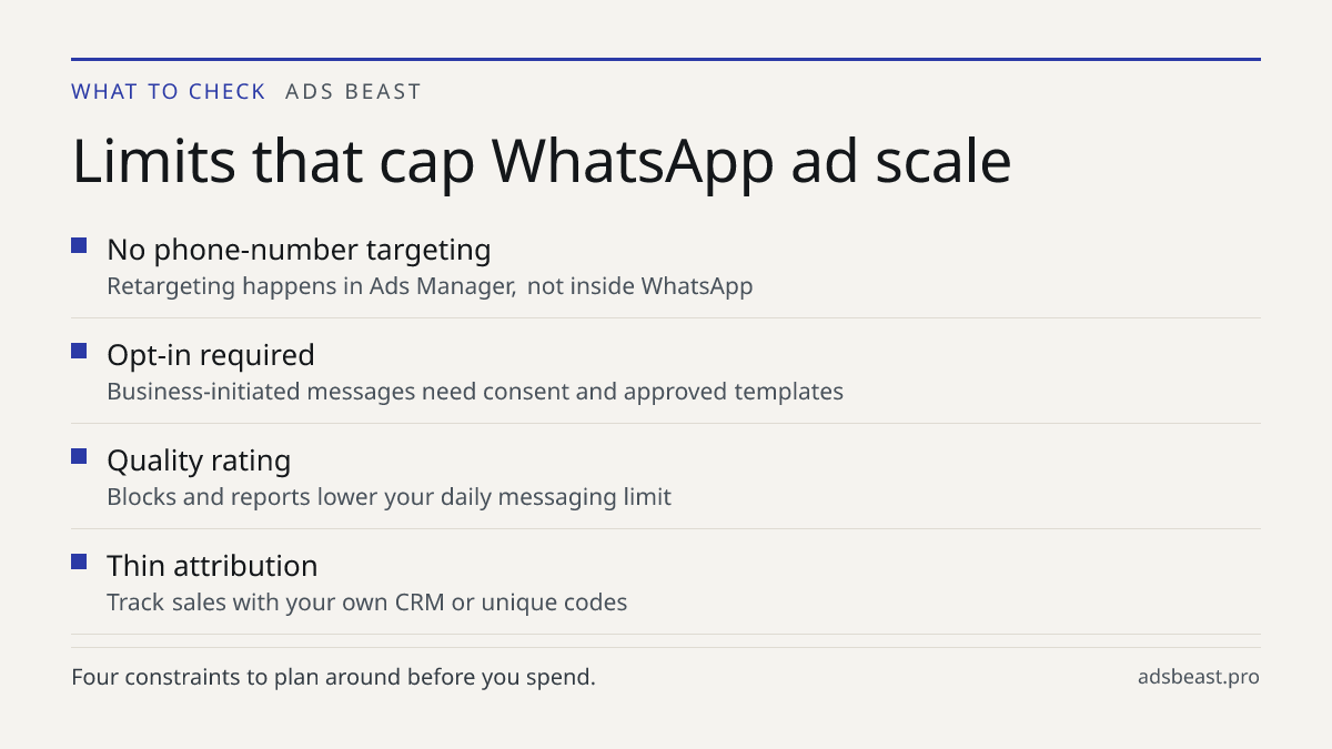 Limits that cap WhatsApp ad scale. No phone-number targeting: Retargeting happens in Ads Manager, not inside WhatsApp; Opt-in required: Business-initiated messages need consent and approved templates; Quality rating: Blocks and reports lower your daily messaging limit; Thin attribution: Track sales 