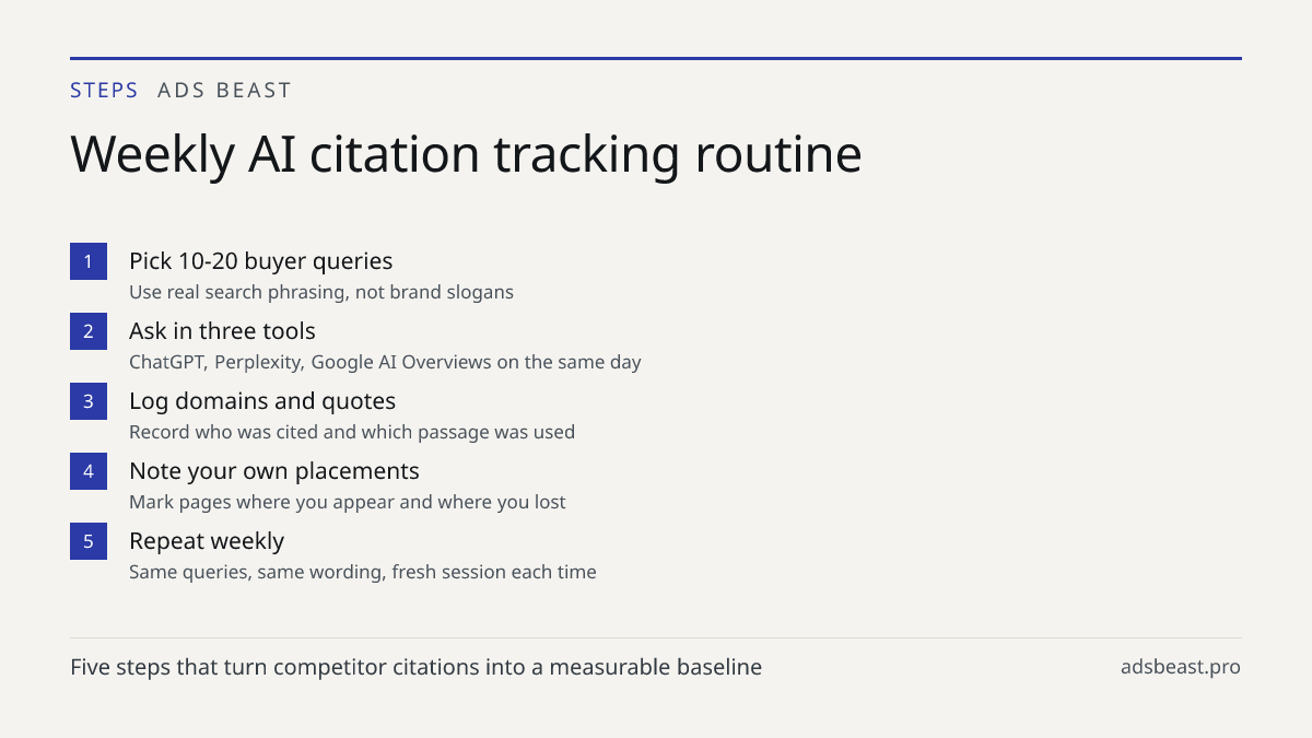 Weekly AI citation tracking routine. Pick 10-20 buyer queries: Use real search phrasing, not brand slogans; Ask in three tools: ChatGPT, Perplexity, Google AI Overviews on the same day; Log domains and quotes: Record who was cited and which passage was used; Note your own placements: Mark pages wher