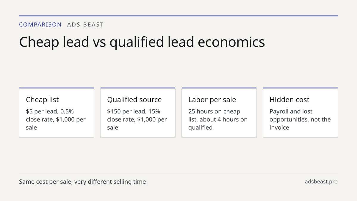 Cheap lead vs qualified lead economics. Cheap list: $5 per lead, 0.5% close rate, $1,000 per sale; Qualified source: $150 per lead, 15% close rate, $1,000 per sale; Labor per sale: 25 hours on cheap list, about 4 hours on qualified; Hidden cost: Payroll and lost opportunities, not the invoice
