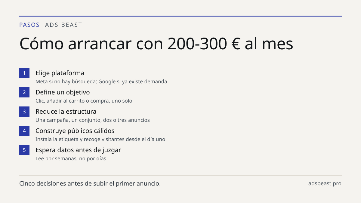 Cómo arrancar con 200-300 € al mes. Elige plataforma: Meta si no hay búsqueda; Google si ya existe demanda; Define un objetivo: Clic, añadir al carrito o compra, uno solo; Reduce la estructura: Una campaña, un conjunto, dos o tres anuncios; Construye públicos cálidos: Instala la etiqueta y recoge vi
