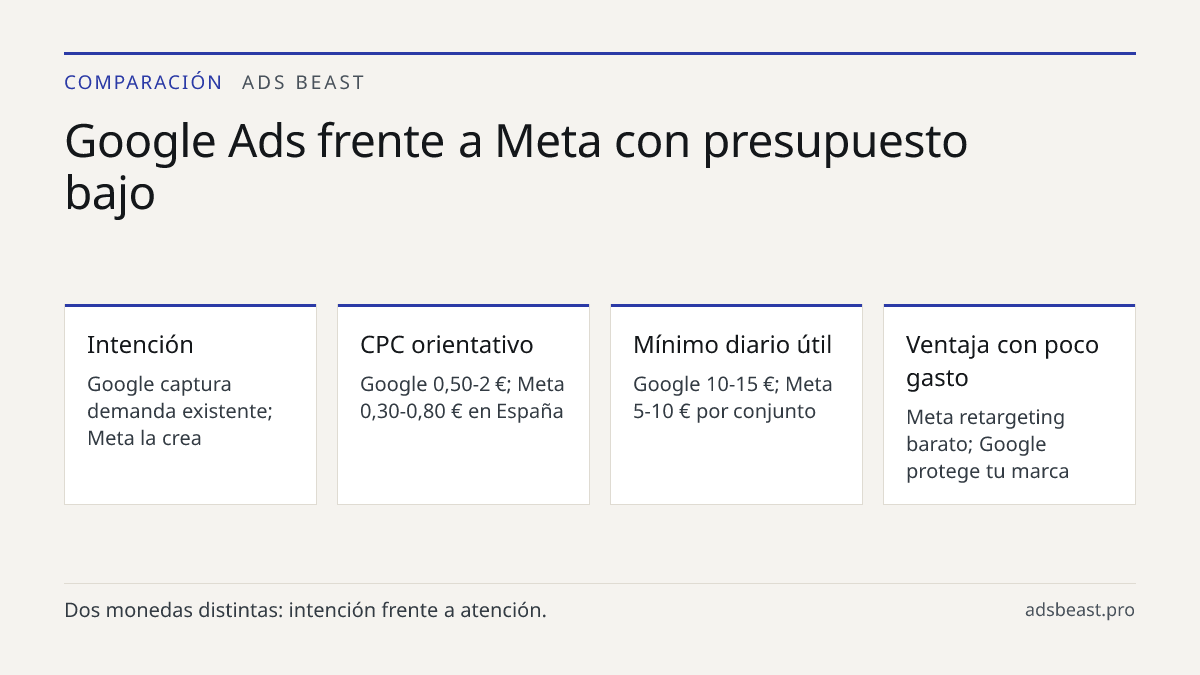Google Ads frente a Meta con presupuesto bajo. Intención: Google captura demanda existente; Meta la crea; CPC orientativo: Google 0,50-2 €; Meta 0,30-0,80 € en España; Mínimo diario útil: Google 10-15 €; Meta 5-10 € por conjunto; Ventaja con poco gasto: Meta retargeting barato; Google protege tu mar