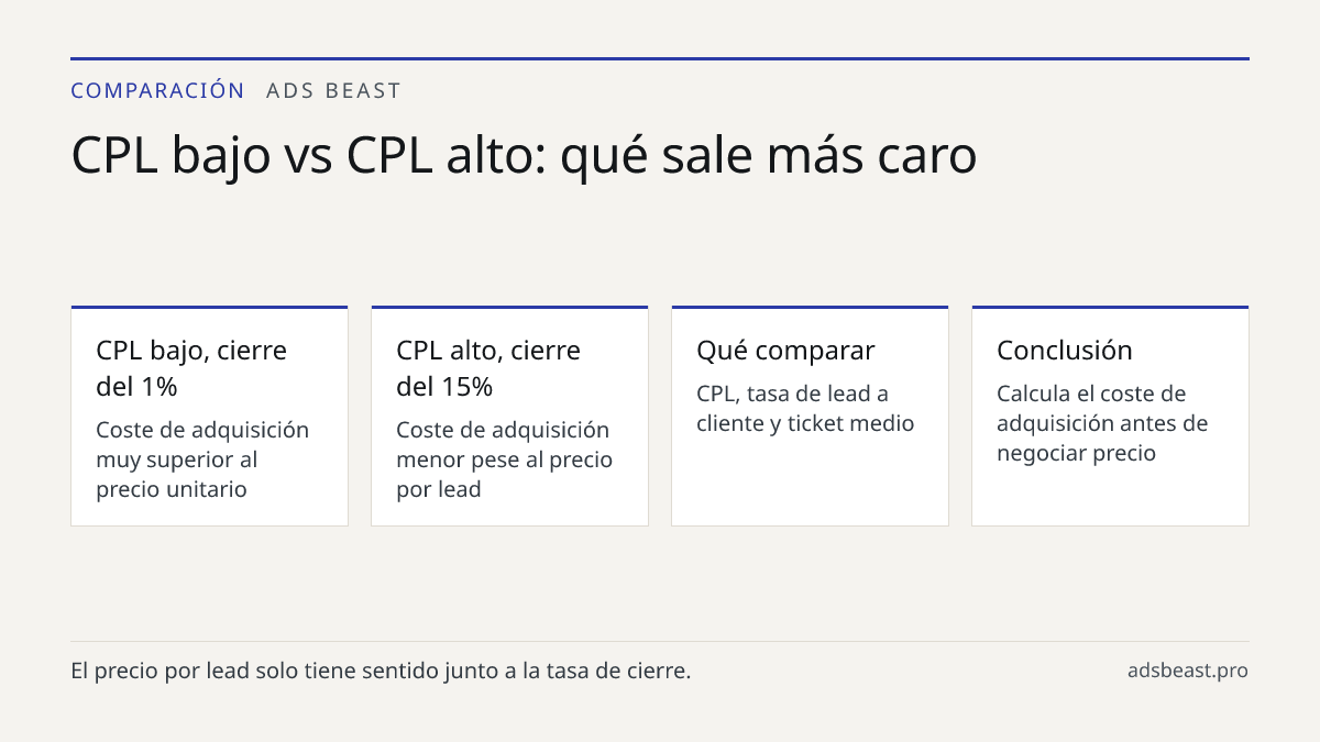 CPL bajo vs CPL alto: qué sale más caro. CPL bajo, cierre del 1%: Coste de adquisición muy superior al precio unitario; CPL alto, cierre del 15%: Coste de adquisición menor pese al precio por lead; Qué comparar: CPL, tasa de lead a cliente y ticket medio; Conclusión: Calcula el coste de adquisición 