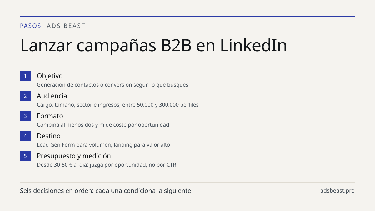 Lanzar campañas B2B en LinkedIn. Objetivo: Generación de contactos o conversión según lo que busques; Audiencia: Cargo, tamaño, sector e ingresos; entre 50.000 y 300.000 perfiles; Formato: Combina al menos dos y mide coste por oportunidad; Destino: Lead Gen Form para volumen, landing para valor alto