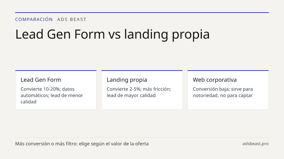 Lead Gen Form vs landing propia. Lead Gen Form: Convierte 10-20%; datos automáticos; lead de menor calidad; Landing propia: Convierte 2-5%; más fricción; lead de mayor calidad; Web corporativa: Conversión baja; sirve para notoriedad, no para captar