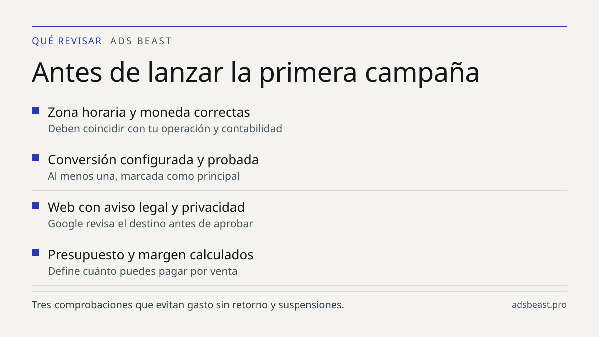 Antes de lanzar la primera campaña. Zona horaria y moneda correctas: Deben coincidir con tu operación y contabilidad; Conversión configurada y probada: Al menos una, marcada como principal; Web con aviso legal y privacidad: Google revisa el destino antes de aprobar; Presupuesto y margen calculados: 