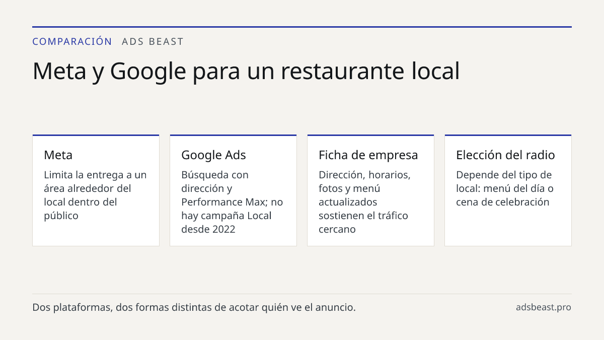 Meta y Google para un restaurante local. Meta: Limita la entrega a un área alrededor del local dentro del público; Google Ads: Búsqueda con dirección y Performance Max; no hay campaña Local desde 2022; Ficha de empresa: Dirección, horarios, fotos y menú actualizados sostienen el tráfico cercano; Ele