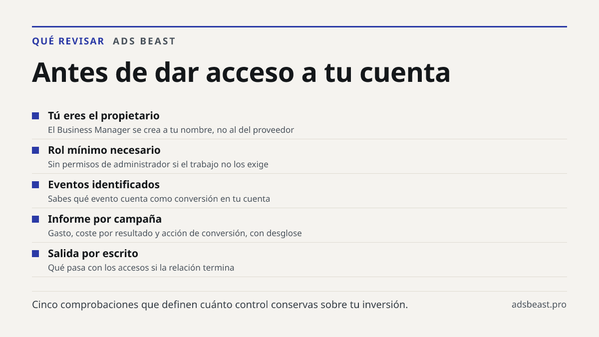 Antes de dar acceso a tu cuenta. Tú eres el propietario: El Business Manager se crea a tu nombre, no al del proveedor; Rol mínimo necesario: Sin permisos de administrador si el trabajo no los exige; Eventos identificados: Sabes qué evento cuenta como conversión en tu cuenta; Informe por campaña: Gas