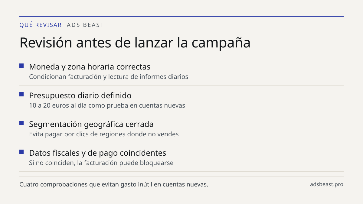 Revisión antes de lanzar la campaña. Moneda y zona horaria correctas: Condicionan facturación y lectura de informes diarios; Presupuesto diario definido: 10 a 20 euros al día como prueba en cuentas nuevas; Segmentación geográfica cerrada: Evita pagar por clics de regiones donde no vendes; Datos fisc