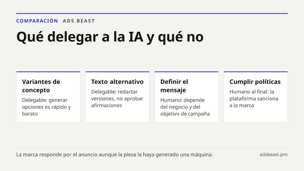Qué delegar a la IA y qué no. Variantes de concepto: Delegable: generar opciones es rápido y barato; Texto alternativo: Delegable: redactar versiones, no aprobar afirmaciones; Definir el mensaje: Humano: depende del negocio y del objetivo de campaña; Cumplir políticas: Humano al final: la plataforma