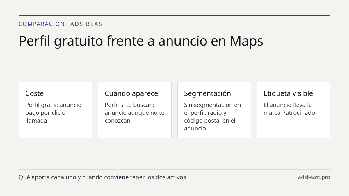 Perfil gratuito frente a anuncio en Maps. Coste: Perfil gratis; anuncio pago por clic o llamada; Cuándo aparece: Perfil si te buscan; anuncio aunque no te conozcan; Segmentación: Sin segmentación en el perfil; radio y código postal en el anuncio; Etiqueta visible: El anuncio lleva la marca Patrocina