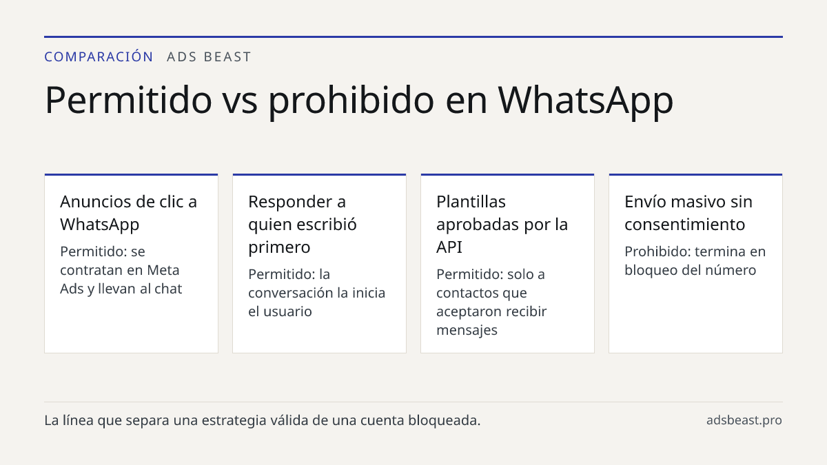 Permitido vs prohibido en WhatsApp. Anuncios de clic a WhatsApp: Permitido: se contratan en Meta Ads y llevan al chat; Responder a quien escribió primero: Permitido: la conversación la inicia el usuario; Plantillas aprobadas por la API: Permitido: solo a contactos que aceptaron recibir mensajes; Env