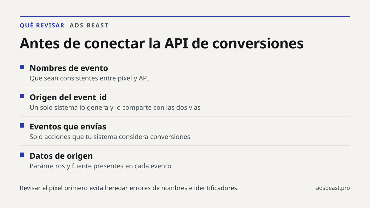 Antes de conectar la API de conversiones. Nombres de evento: Que sean consistentes entre píxel y API; Origen del event_id: Un solo sistema lo genera y lo comparte con las dos vías; Eventos que envías: Solo acciones que tu sistema considera conversiones; Datos de origen: Parámetros y fuente presentes