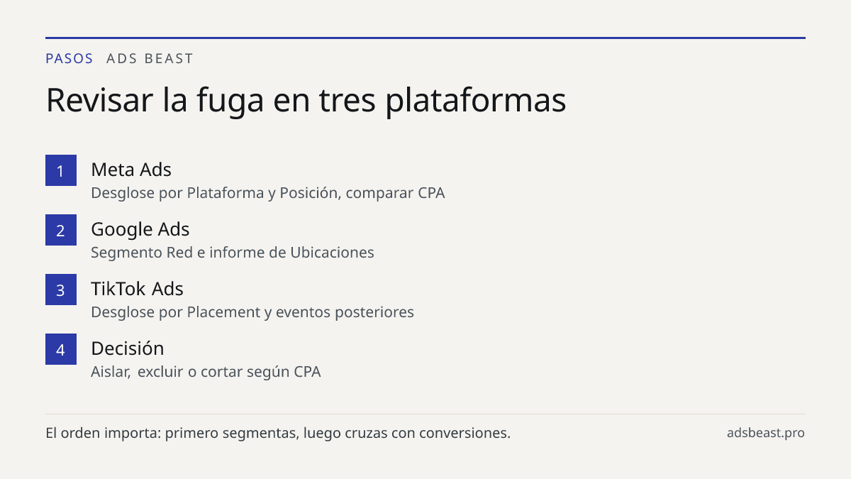 Revisar la fuga en tres plataformas. Meta Ads: Desglose por Plataforma y Posición, comparar CPA; Google Ads: Segmento Red e informe de Ubicaciones; TikTok Ads: Desglose por Placement y eventos posteriores; Decisión: Aislar, excluir o cortar según CPA