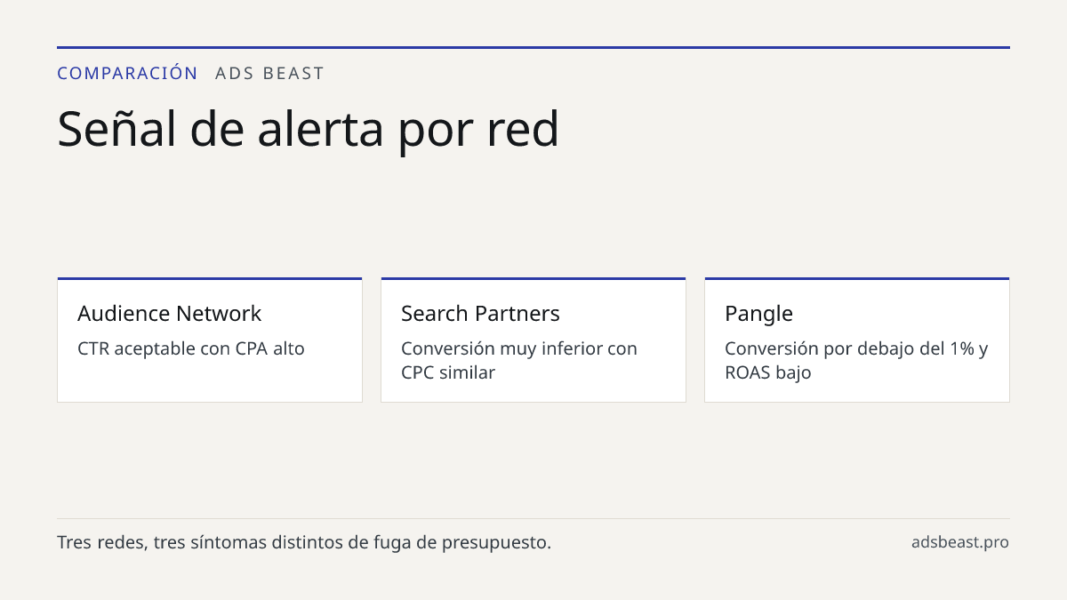 Señal de alerta por red. Audience Network: CTR aceptable con CPA alto; Search Partners: Conversión muy inferior con CPC similar; Pangle: Conversión por debajo del 1% y ROAS bajo