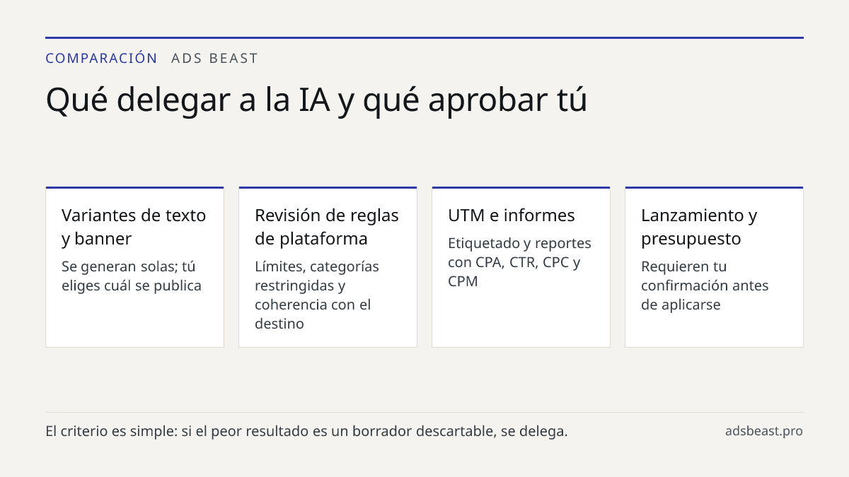 Qué delegar a la IA y qué aprobar tú. Variantes de texto y banner: Se generan solas; tú eliges cuál se publica; Revisión de reglas de plataforma: Límites, categorías restringidas y coherencia con el destino; UTM e informes: Etiquetado y reportes con CPA, CTR, CPC y CPM; Lanzamiento y presupuesto: Re