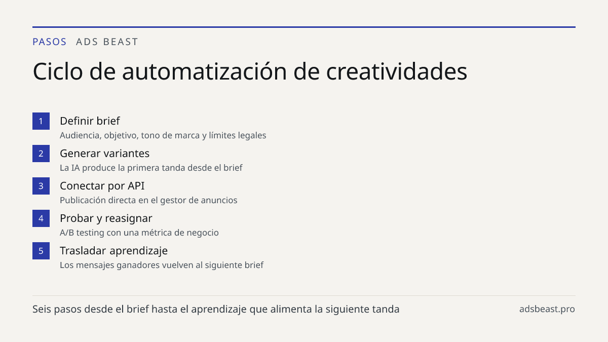 Ciclo de automatización de creatividades. Definir brief: Audiencia, objetivo, tono de marca y límites legales; Generar variantes: La IA produce la primera tanda desde el brief; Conectar por API: Publicación directa en el gestor de anuncios; Probar y reasignar: A/B testing con una métrica de negocio;