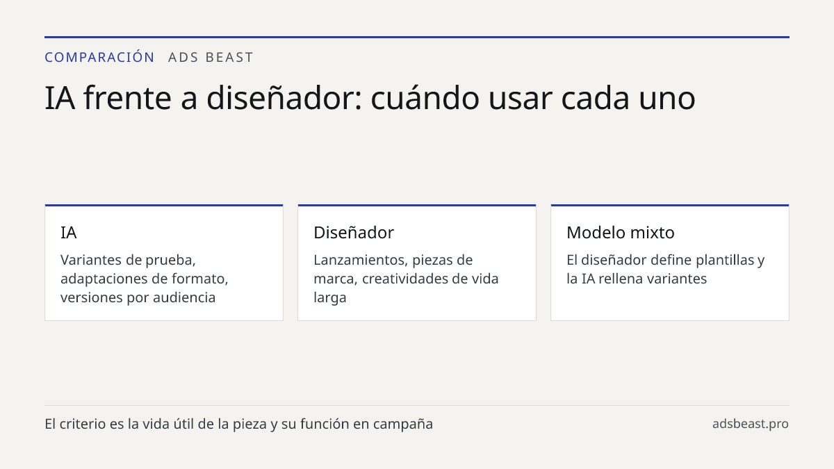 IA frente a diseñador: cuándo usar cada uno. IA: Variantes de prueba, adaptaciones de formato, versiones por audiencia; Diseñador: Lanzamientos, piezas de marca, creatividades de vida larga; Modelo mixto: El diseñador define plantillas y la IA rellena variantes