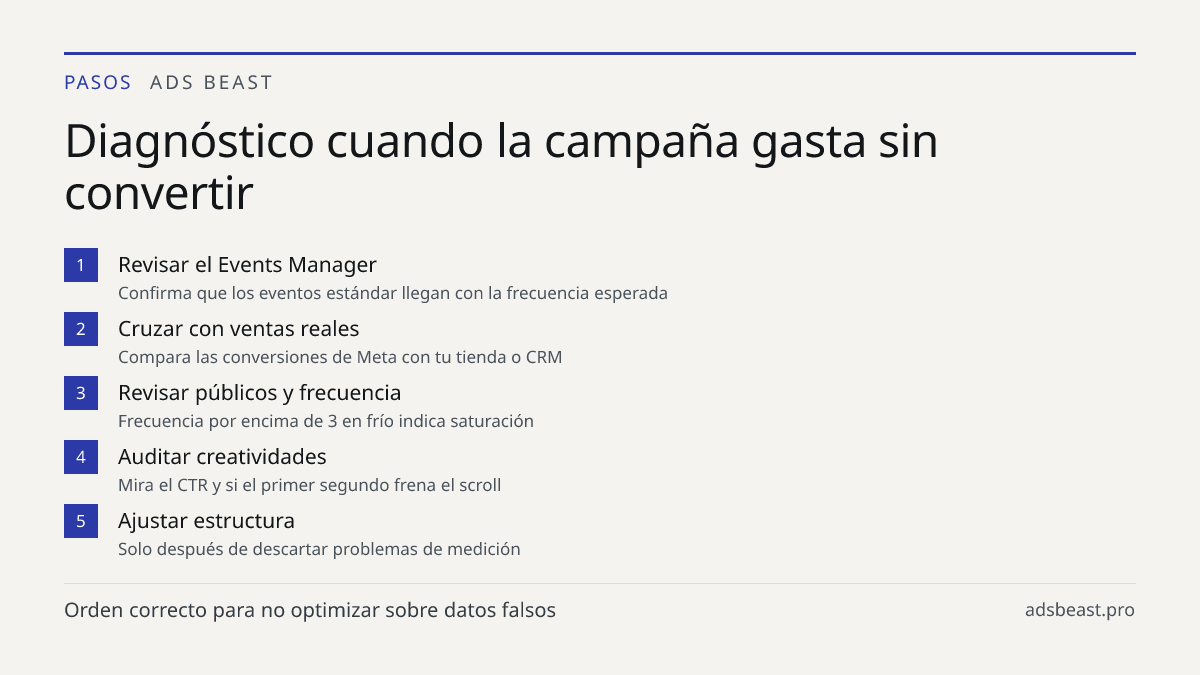 Diagnóstico cuando la campaña gasta sin convertir. Revisar el Events Manager: Confirma que los eventos estándar llegan con la frecuencia esperada; Cruzar con ventas reales: Compara las conversiones de Meta con tu tienda o CRM; Revisar públicos y frecuencia: Frecuencia por encima de 3 en frío indica 