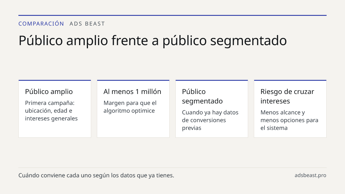 Público amplio frente a público segmentado. Público amplio: Primera campaña: ubicación, edad e intereses generales; Al menos 1 millón: Margen para que el algoritmo optimice; Público segmentado: Cuando ya hay datos de conversiones previas; Riesgo de cruzar intereses: Menos alcance y menos opciones pa