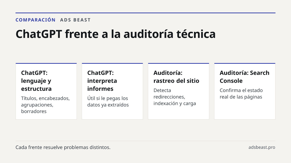 ChatGPT frente a la auditoría técnica. ChatGPT: lenguaje y estructura: Títulos, encabezados, agrupaciones, borradores; ChatGPT: interpreta informes: Útil si le pegas los datos ya extraídos; Auditoría: rastreo del sitio: Detecta redirecciones, indexación y carga; Auditoría: Search Console: Confirma e