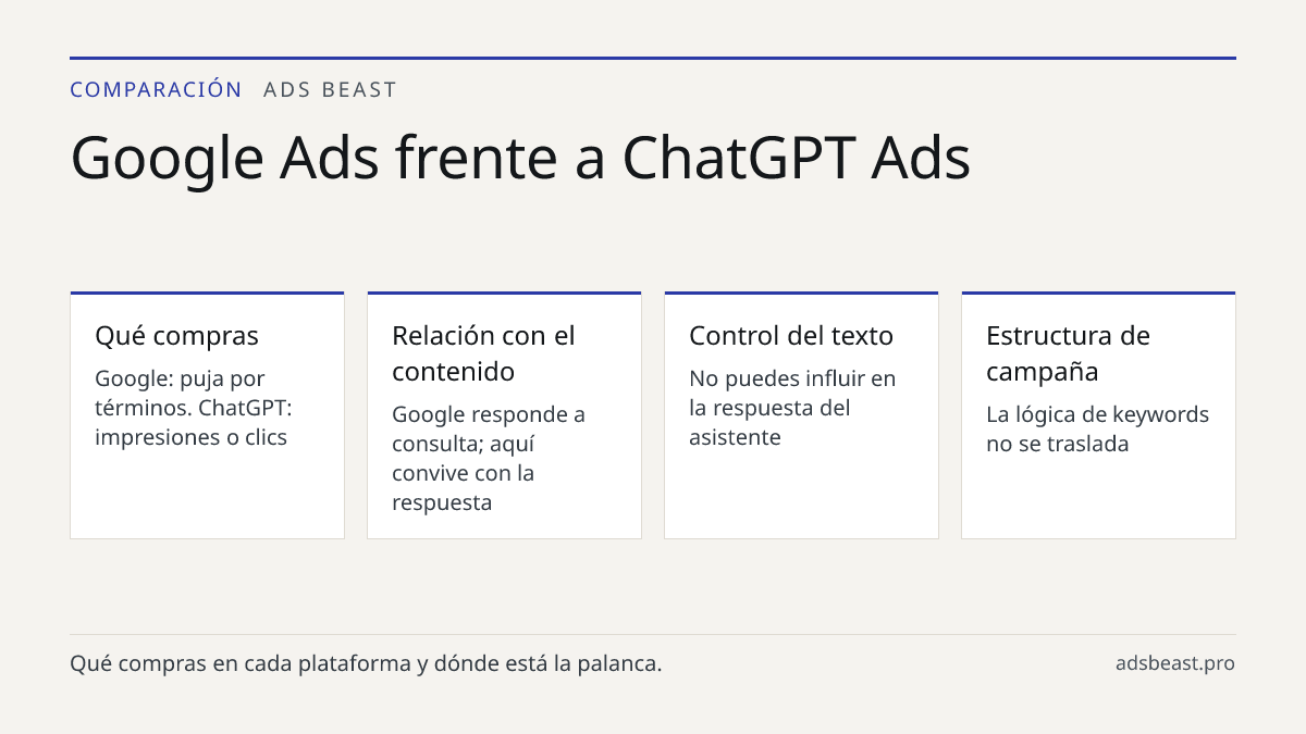 Google Ads frente a ChatGPT Ads. Qué compras: Google: puja por términos. ChatGPT: impresiones o clics; Relación con el contenido: Google responde a consulta; aquí convive con la respuesta; Control del texto: No puedes influir en la respuesta del asistente; Estructura de campaña: La lógica de keyword