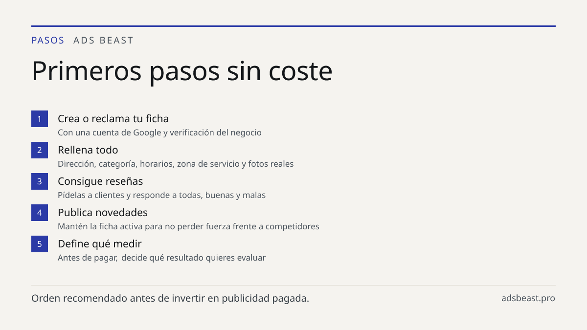 Primeros pasos sin coste. Crea o reclama tu ficha: Con una cuenta de Google y verificación del negocio; Rellena todo: Dirección, categoría, horarios, zona de servicio y fotos reales; Consigue reseñas: Pídelas a clientes y responde a todas, buenas y malas; Publica novedades: Mantén la ficha activa pa