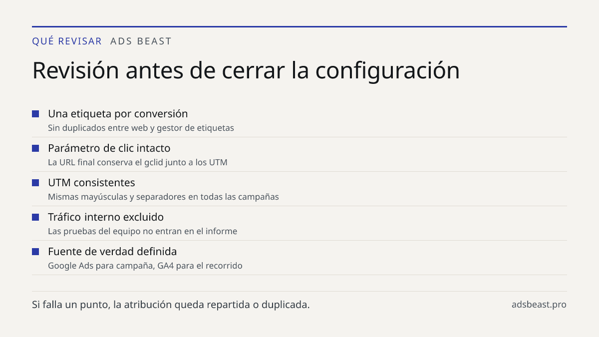 Revisión antes de cerrar la configuración. Una etiqueta por conversión: Sin duplicados entre web y gestor de etiquetas; Parámetro de clic intacto: La URL final conserva el gclid junto a los UTM; UTM consistentes: Mismas mayúsculas y separadores en todas las campañas; Tráfico interno excluido: Las pr