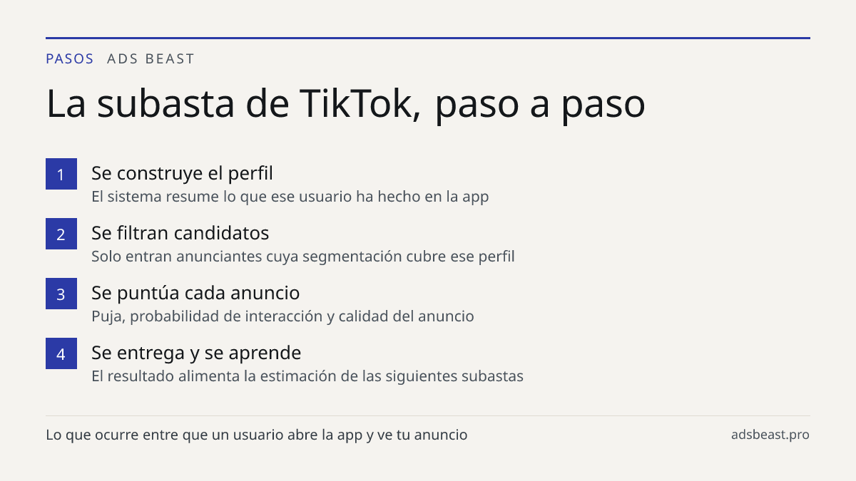 La subasta de TikTok, paso a paso. Se construye el perfil: El sistema resume lo que ese usuario ha hecho en la app; Se filtran candidatos: Solo entran anunciantes cuya segmentación cubre ese perfil; Se puntúa cada anuncio: Puja, probabilidad de interacción y calidad del anuncio; Se entrega y se apre