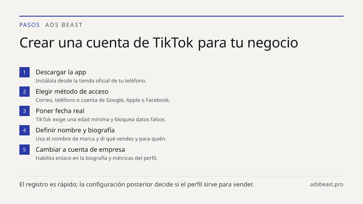 Crear una cuenta de TikTok para tu negocio. Descargar la app: Instálala desde la tienda oficial de tu teléfono.; Elegir método de acceso: Correo, teléfono o cuenta de Google, Apple o Facebook.; Poner fecha real: TikTok exige una edad mínima y bloquea datos falsos.; Definir nombre y biografía: Usa el