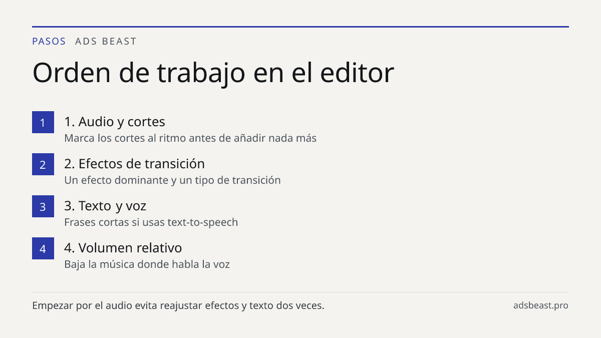 Orden de trabajo en el editor. 1. Audio y cortes: Marca los cortes al ritmo antes de añadir nada más; 2. Efectos de transición: Un efecto dominante y un tipo de transición; 3. Texto y voz: Frases cortas si usas text-to-speech; 4. Volumen relativo: Baja la música donde habla la voz