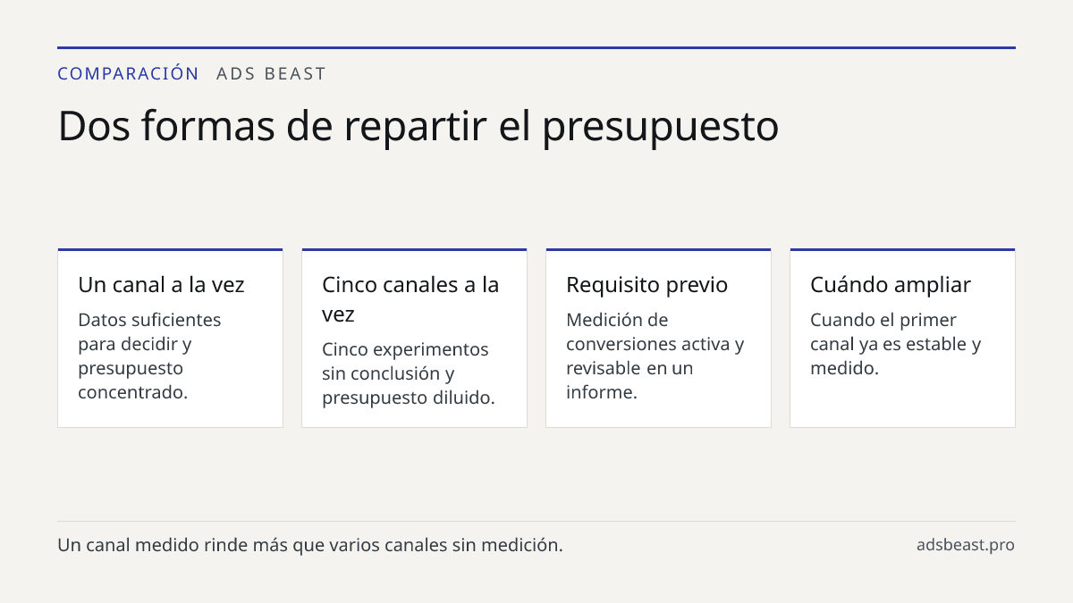 Dos formas de repartir el presupuesto. Un canal a la vez: Datos suficientes para decidir y presupuesto concentrado.; Cinco canales a la vez: Cinco experimentos sin conclusión y presupuesto diluido.; Requisito previo: Medición de conversiones activa y revisable en un informe.; Cuándo ampliar: Cuando 