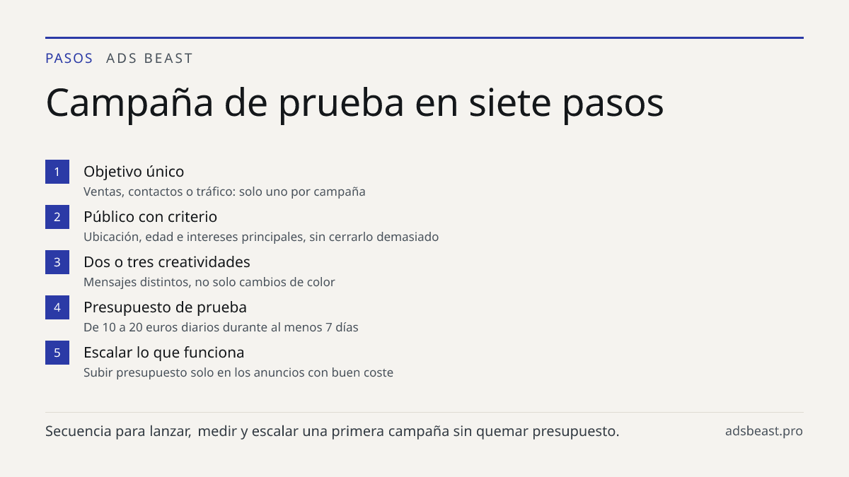 Campaña de prueba en siete pasos. Objetivo único: Ventas, contactos o tráfico: solo uno por campaña; Público con criterio: Ubicación, edad e intereses principales, sin cerrarlo demasiado; Dos o tres creatividades: Mensajes distintos, no solo cambios de color; Presupuesto de prueba: De 10 a 20 euros 