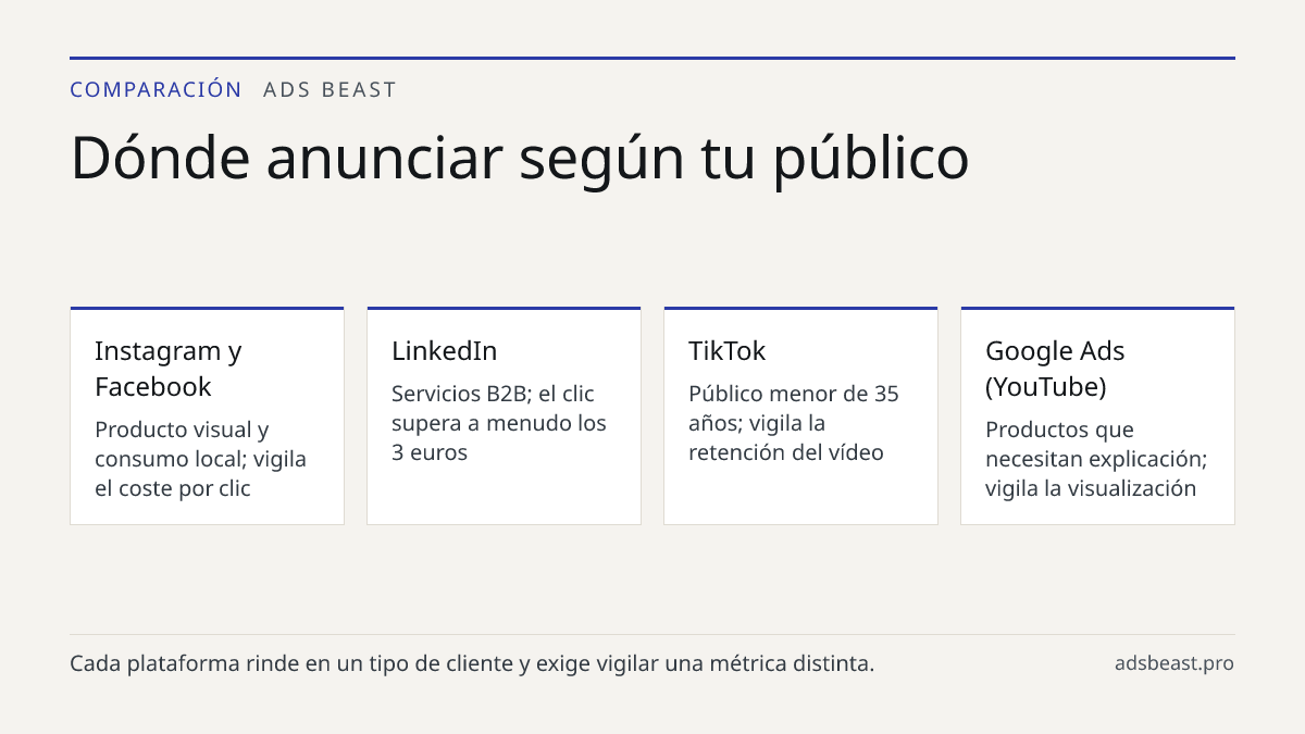 Dónde anunciar según tu público. Instagram y Facebook: Producto visual y consumo local; vigila el coste por clic; LinkedIn: Servicios B2B; el clic supera a menudo los 3 euros; TikTok: Público menor de 35 años; vigila la retención del vídeo; Google Ads (YouTube): Productos que necesitan explicación; 