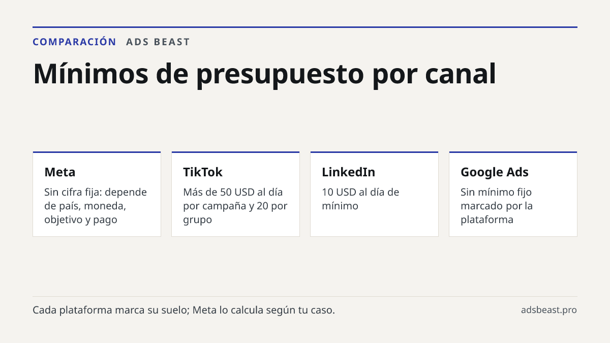 Mínimos de presupuesto por canal. Meta: Sin cifra fija: depende de país, moneda, objetivo y pago; TikTok: Más de 50 USD al día por campaña y 20 por grupo; LinkedIn: 10 USD al día de mínimo; Google Ads: Sin mínimo fijo marcado por la plataforma