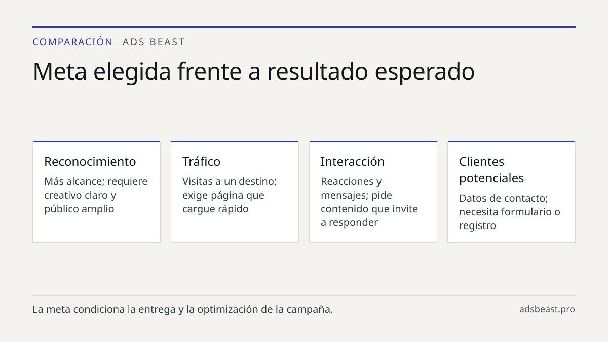 Meta elegida frente a resultado esperado. Reconocimiento: Más alcance; requiere creativo claro y público amplio; Tráfico: Visitas a un destino; exige página que cargue rápido; Interacción: Reacciones y mensajes; pide contenido que invite a responder; Clientes potenciales: Datos de contacto; necesita