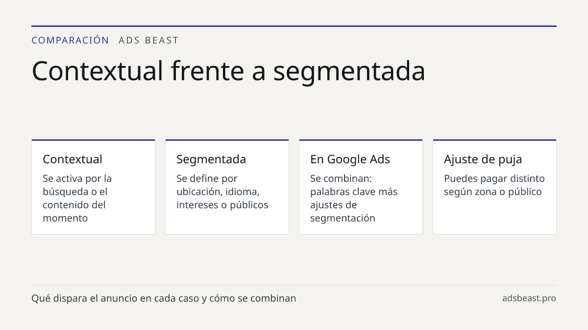 Contextual frente a segmentada. Contextual: Se activa por la búsqueda o el contenido del momento; Segmentada: Se define por ubicación, idioma, intereses o públicos; En Google Ads: Se combinan: palabras clave más ajustes de segmentación; Ajuste de puja: Puedes pagar distinto según zona o público