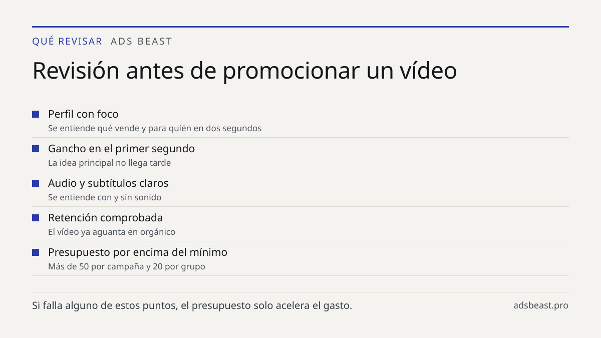 Revisión antes de promocionar un vídeo. Perfil con foco: Se entiende qué vende y para quién en dos segundos; Gancho en el primer segundo: La idea principal no llega tarde; Audio y subtítulos claros: Se entiende con y sin sonido; Retención comprobada: El vídeo ya aguanta en orgánico; Presupuesto por 