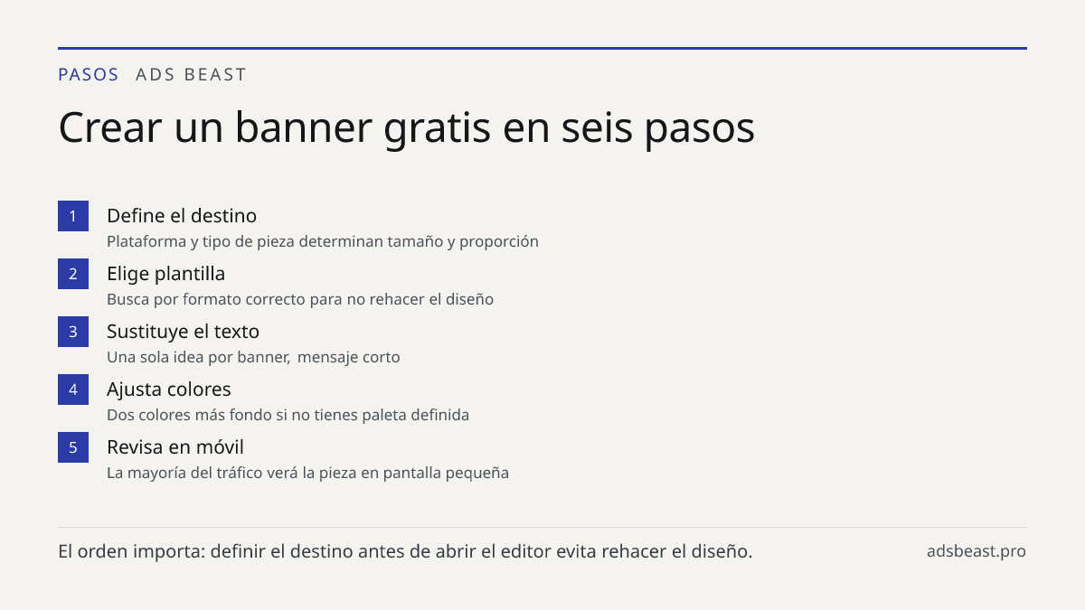Crear un banner gratis en seis pasos. Define el destino: Plataforma y tipo de pieza determinan tamaño y proporción; Elige plantilla: Busca por formato correcto para no rehacer el diseño; Sustituye el texto: Una sola idea por banner, mensaje corto; Ajusta colores: Dos colores más fondo si no tienes p