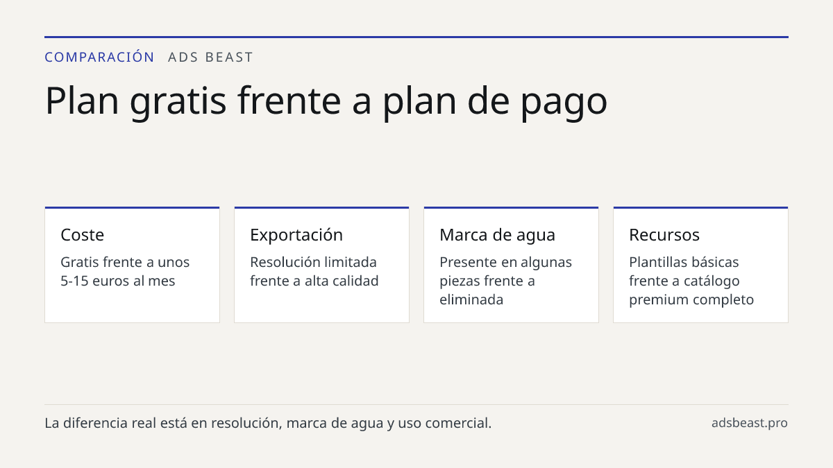 Plan gratis frente a plan de pago. Coste: Gratis frente a unos 5-15 euros al mes; Exportación: Resolución limitada frente a alta calidad; Marca de agua: Presente en algunas piezas frente a eliminada; Recursos: Plantillas básicas frente a catálogo premium completo